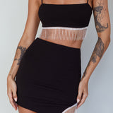 Call On Me Diamante Fringe Mini Skirt Black