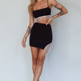 Call On Me Diamante Fringe Mini Skirt Black