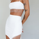 Call On Me Diamante Fringe Mini Skirt White