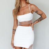 Call On Me Diamante Fringe Mini Skirt White