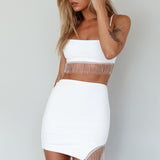 Call On Me Diamante Fringe Mini Skirt White