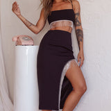 Call On Me Diamante Fringe Top Black
