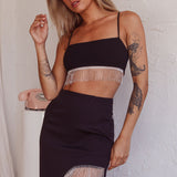 Call On Me Diamante Fringe Top Black