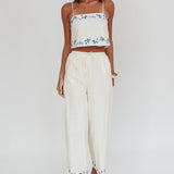 Sorrento Summer Embroidered Wide-Leg Pants Beige