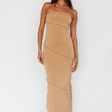 Making Headlines Strapless Midi Dress Camel