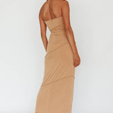 Making Headlines Strapless Midi Dress Camel
