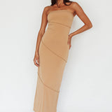 Making Headlines Strapless Midi Dress Camel
