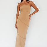 Making Headlines Strapless Midi Dress Camel