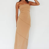 Making Headlines Strapless Midi Dress Camel