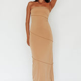 Making Headlines Strapless Midi Dress Camel