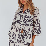 Just A Hunch Button Shirt Leaf Print Beige