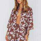 Just A Hunch Button Shirt Leaf Print Chocolate