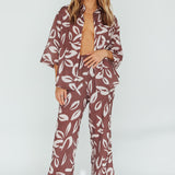 Just A Hunch Button Shirt Leaf Print Chocolate