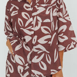 Just A Hunch Button Shirt Leaf Print Chocolate