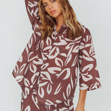 Just A Hunch Button Shirt Leaf Print Chocolate