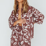 Just A Hunch Button Shirt Leaf Print Chocolate
