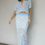 Byron Bay Crochet Buttoned Top Blue