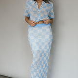 Byron Bay Crochet Buttoned Top Blue