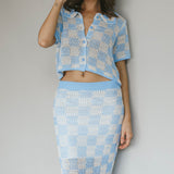 Byron Bay Crochet Buttoned Top Blue