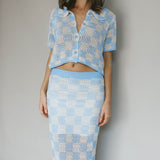 Byron Bay Crochet Buttoned Top Blue