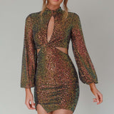 La Discotheque Long Sleeve Sequin Mini Dress Navy