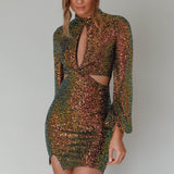 La Discotheque Long Sleeve Sequin Mini Dress Navy