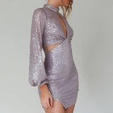 La Discotheque Long Sleeve Sequin Mini Dress Silver