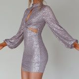 La Discotheque Long Sleeve Sequin Mini Dress Silver
