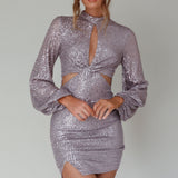 La Discotheque Long Sleeve Sequin Mini Dress Silver
