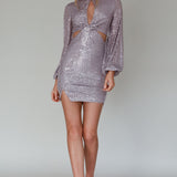 La Discotheque Long Sleeve Sequin Mini Dress Silver