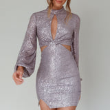 La Discotheque Long Sleeve Sequin Mini Dress Silver