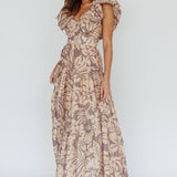 Kahlo Puffed Ruffle Neckline Maxi Dress Print Beige