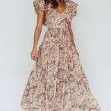 Kahlo Puffed Ruffle Neckline Maxi Dress Print Beige
