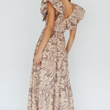 Kahlo Puffed Ruffle Neckline Maxi Dress Print Beige