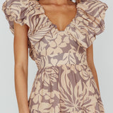 Kahlo Puffed Ruffle Neckline Maxi Dress Print Beige