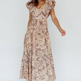 Kahlo Puffed Ruffle Neckline Maxi Dress Print Beige