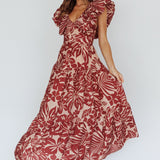 Kahlo Puffed Ruffle Neckline Maxi Dress Print Flame