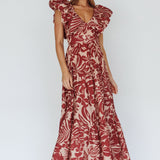 Kahlo Puffed Ruffle Neckline Maxi Dress Print Flame