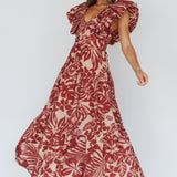 Kahlo Puffed Ruffle Neckline Maxi Dress Print Flame