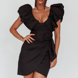 Kahlo Puffed Ruffle Neckline Mini Dress Black