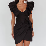 Kahlo Puffed Ruffle Neckline Mini Dress Black