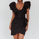 Kahlo Puffed Ruffle Neckline Mini Dress Black