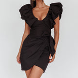 Kahlo Puffed Ruffle Neckline Mini Dress Black