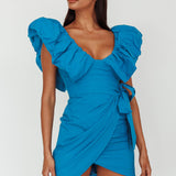 Kahlo Puffed Ruffle Neckline Mini Dress Blue