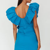 Kahlo Puffed Ruffle Neckline Mini Dress Blue