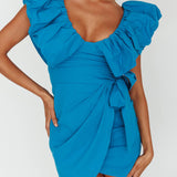 Kahlo Puffed Ruffle Neckline Mini Dress Blue