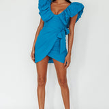 Kahlo Puffed Ruffle Neckline Mini Dress Blue