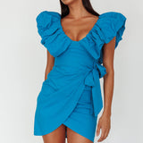 Kahlo Puffed Ruffle Neckline Mini Dress Blue