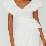 Kahlo Ruffle Neckline Wrap Midi Dress White