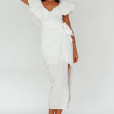 Kahlo Ruffle Neckline Wrap Midi Dress White